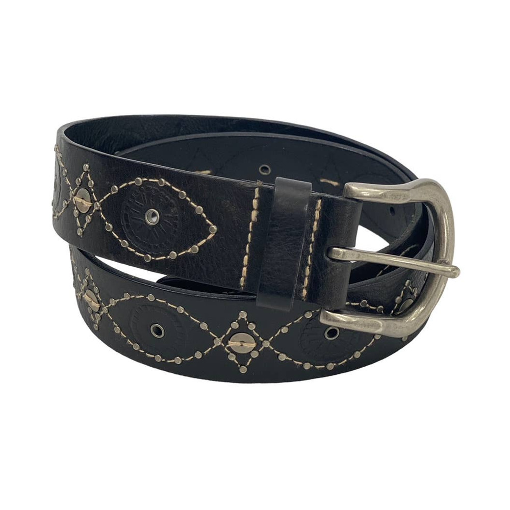 Fossil Women's Belt Black Leather Embossed Embroidered Sequin Silver Buckle M